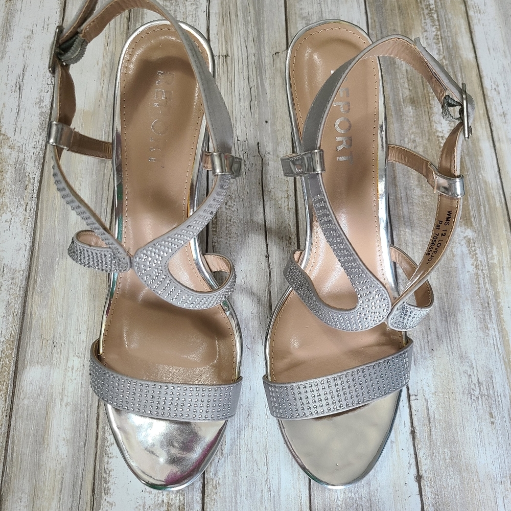 Silver 3" heels with rhinestone embellishments